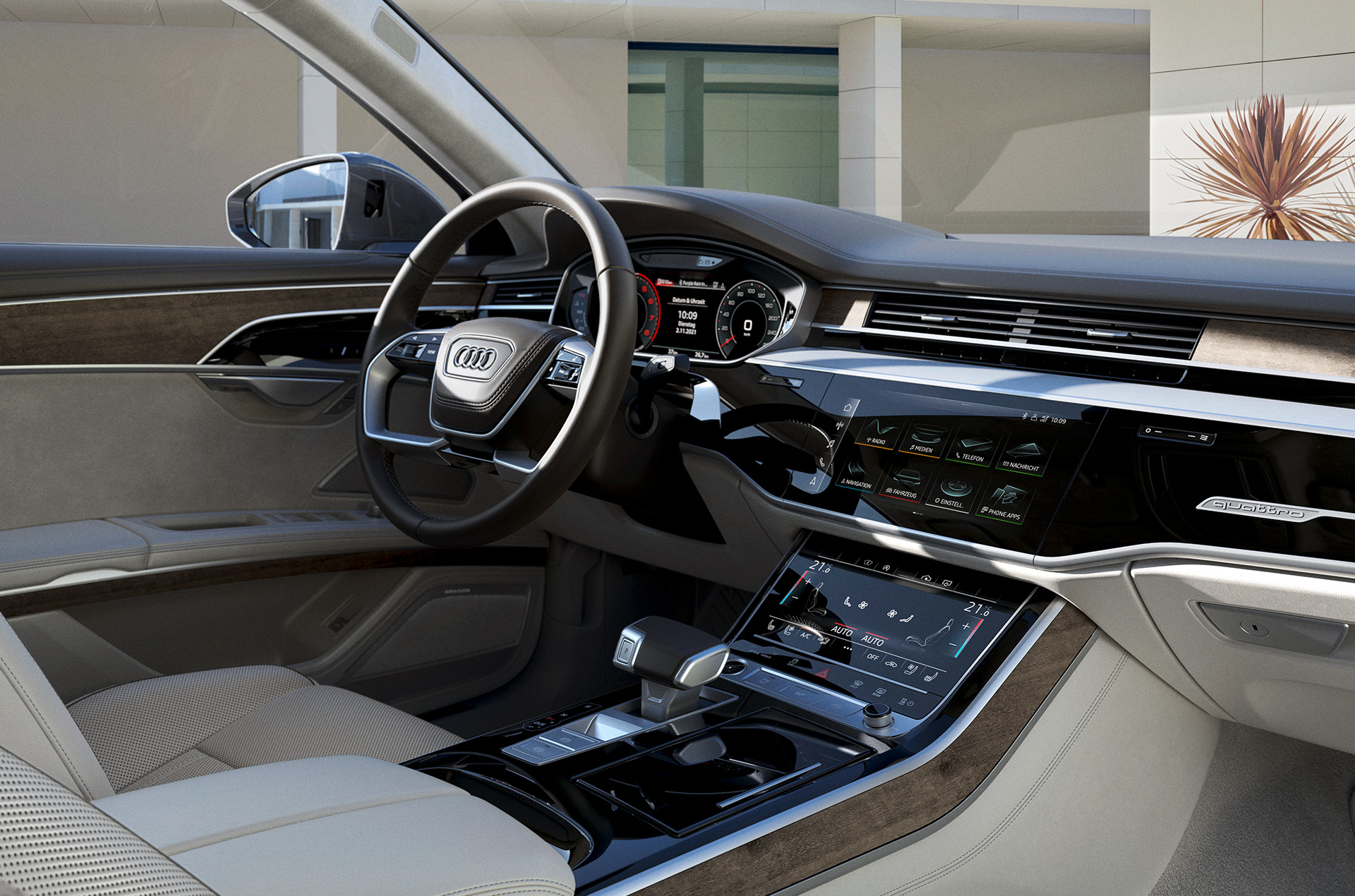 Bien que ses technologies numériques soient nombreuses, l'intérieur de la berline Audi A8 se caractérise par un design minimaliste.